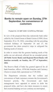 Bank Remain Open on 27 September 